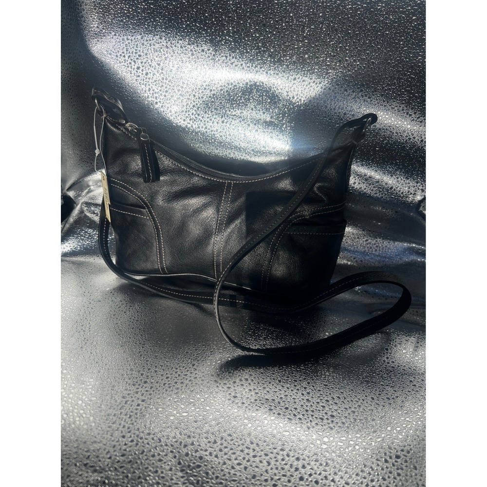Tignanello Black Leather Crossbody Bag Contrast Stitching Hobo Shoulder Purse